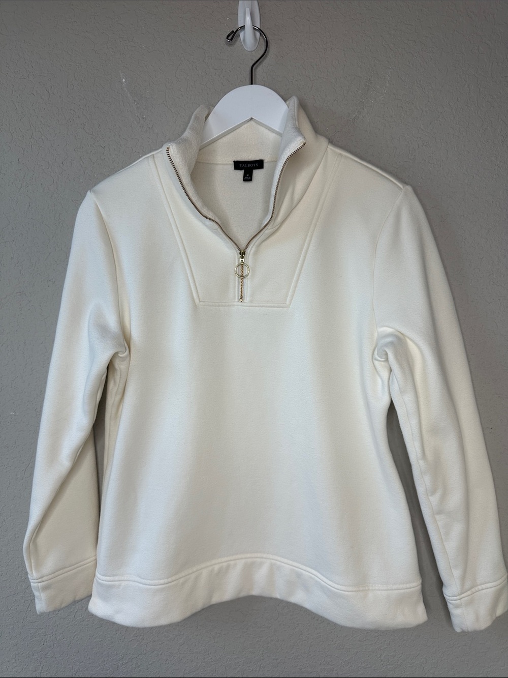 Talbots Quarter Zip Cotton Blend Pullover Size Medium Cream Beige Goldtone Zippe
